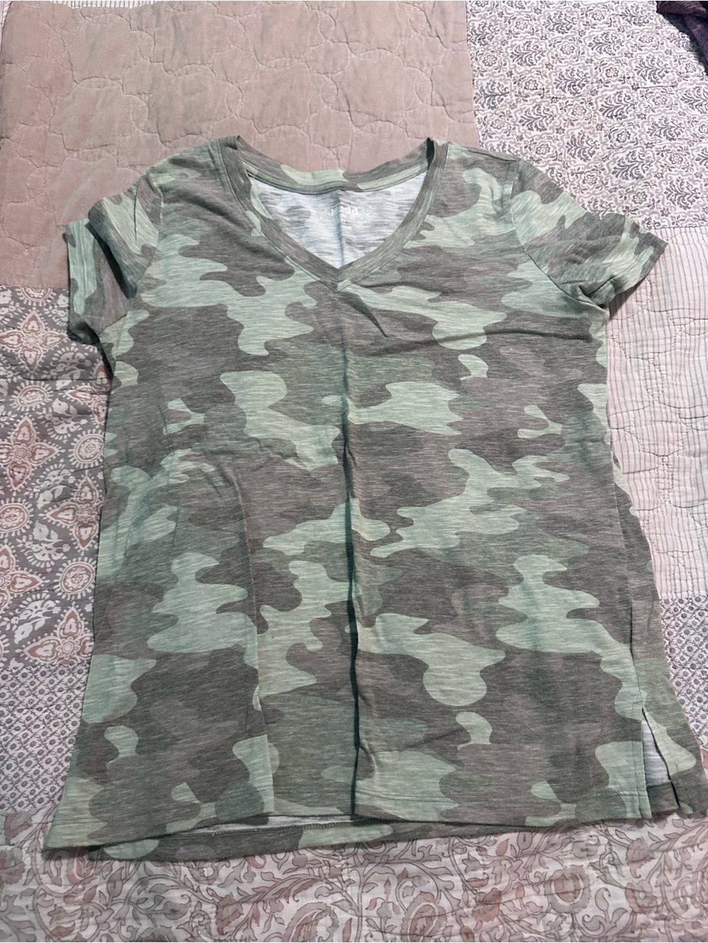 Mudd Women’s V-Neck Camo Tee in Sage and Olive